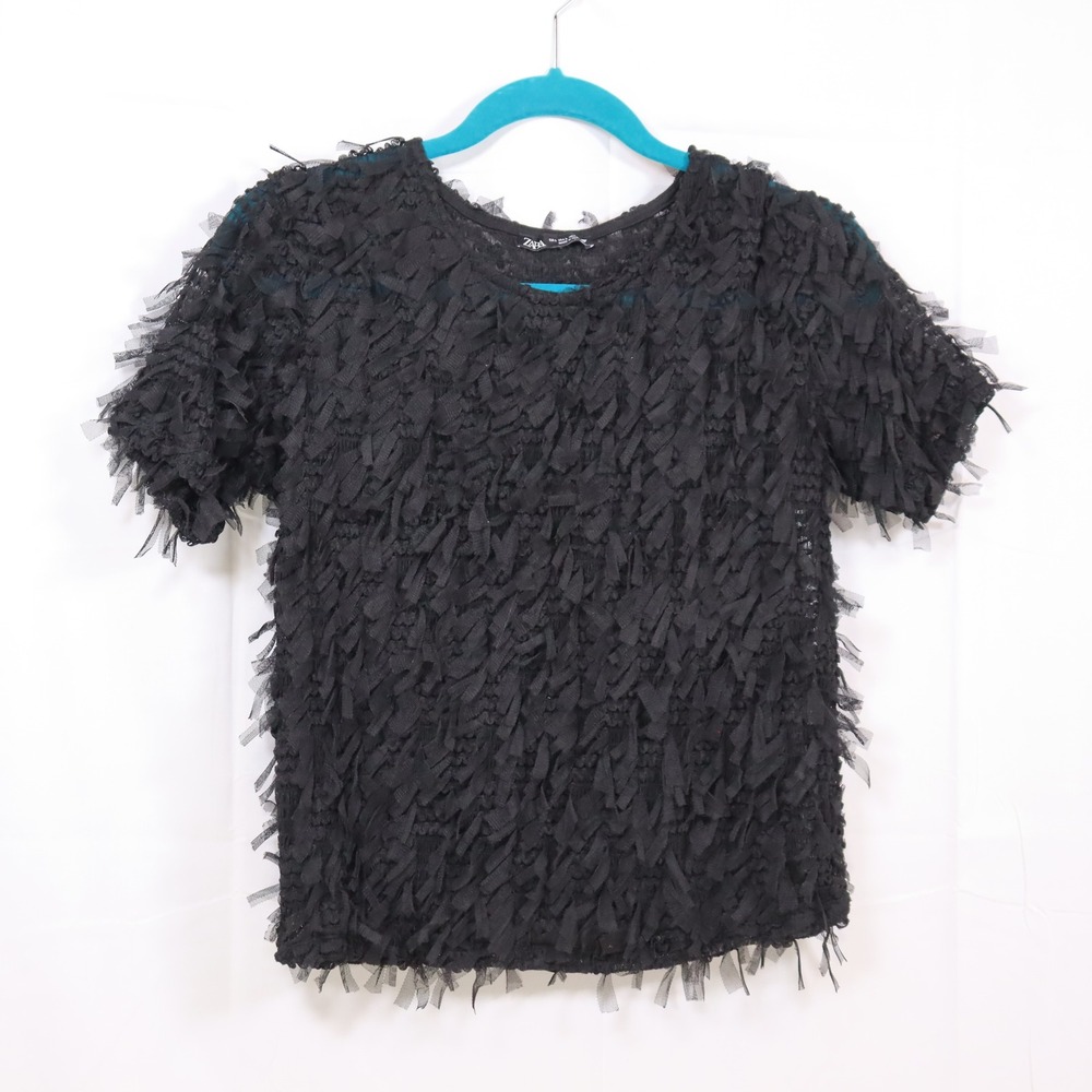 Zara Fringe Top Large Black Womens Textured Tulle Mesh Blouse